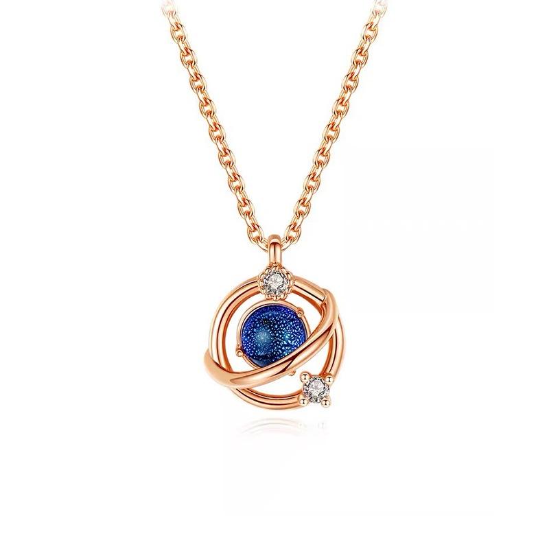 Colier Planetă Univers de Vis Femeie 925 Creativ Blue Glass Crystal Clavicle Lanț 16K Rose Gold Articol de cadou
