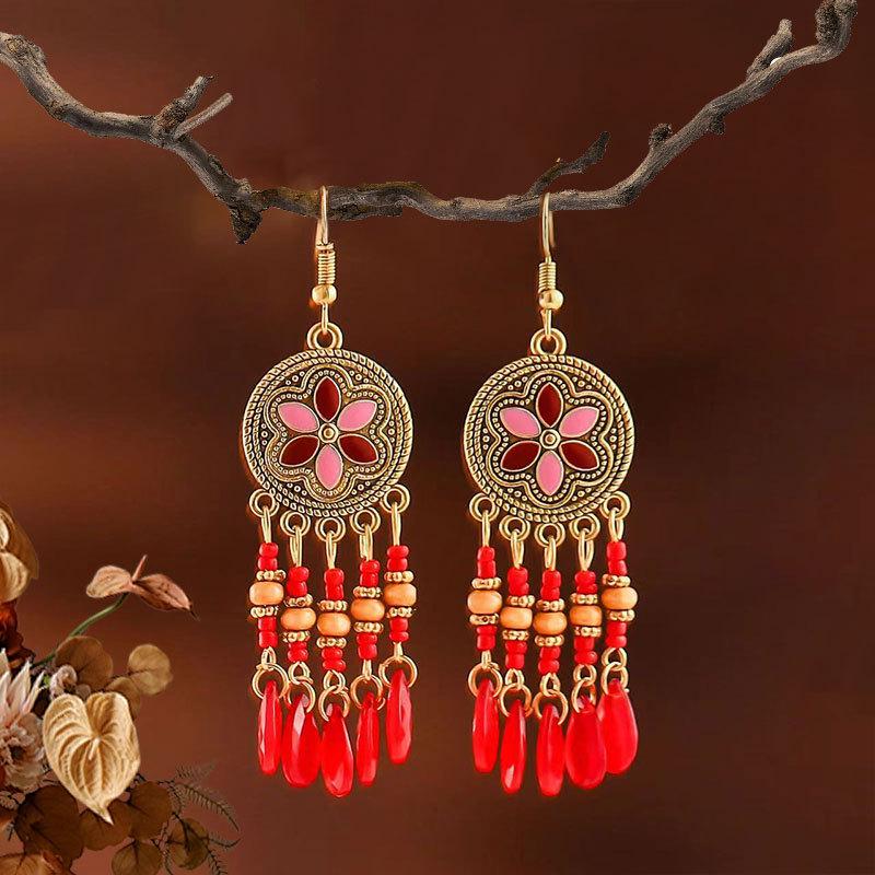 Bohemian Ethnic Beaded Teardrop Tassel Earrings