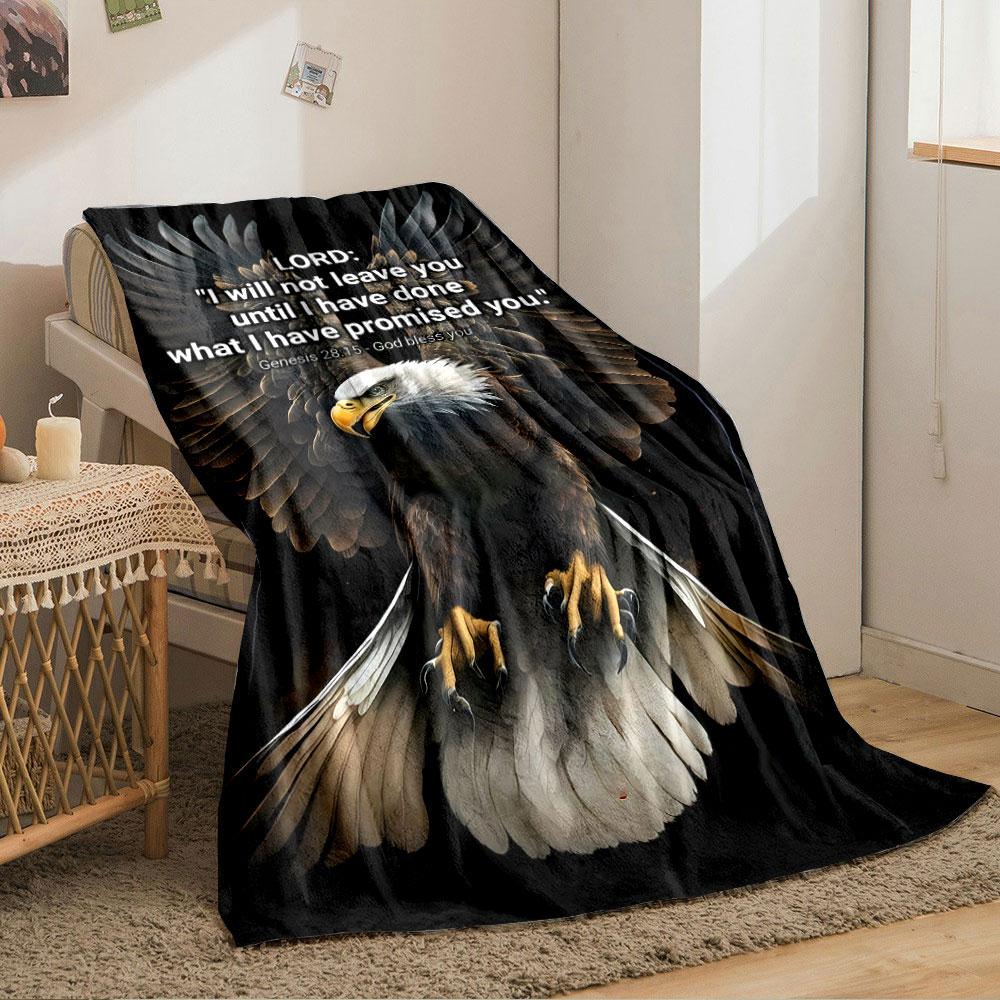 A majestic eagle with outstretched wings and a biblical verse overlay. for all seasons blanket lunch break throw gift
