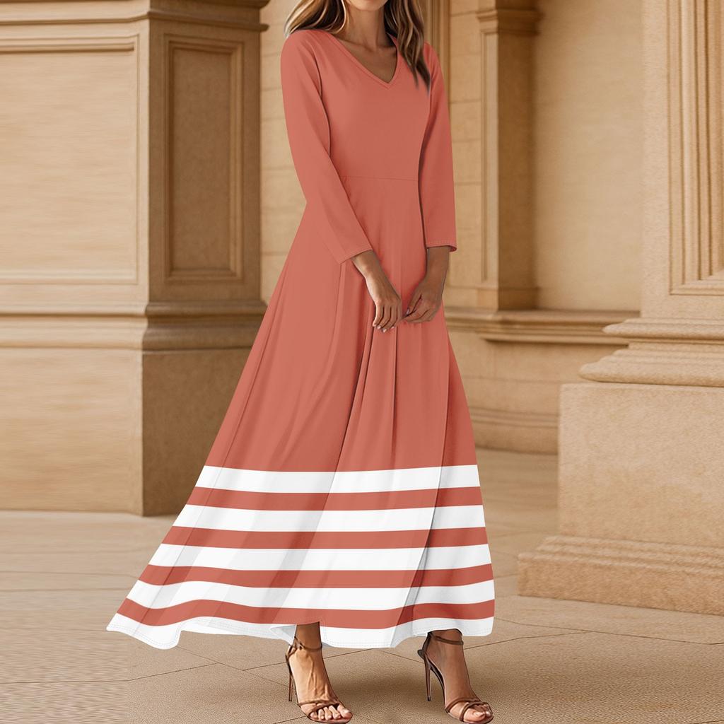 Women's Three-quarter Sleeves Fashionable Floral Stripe Print Loose Casual Comfortable Dress