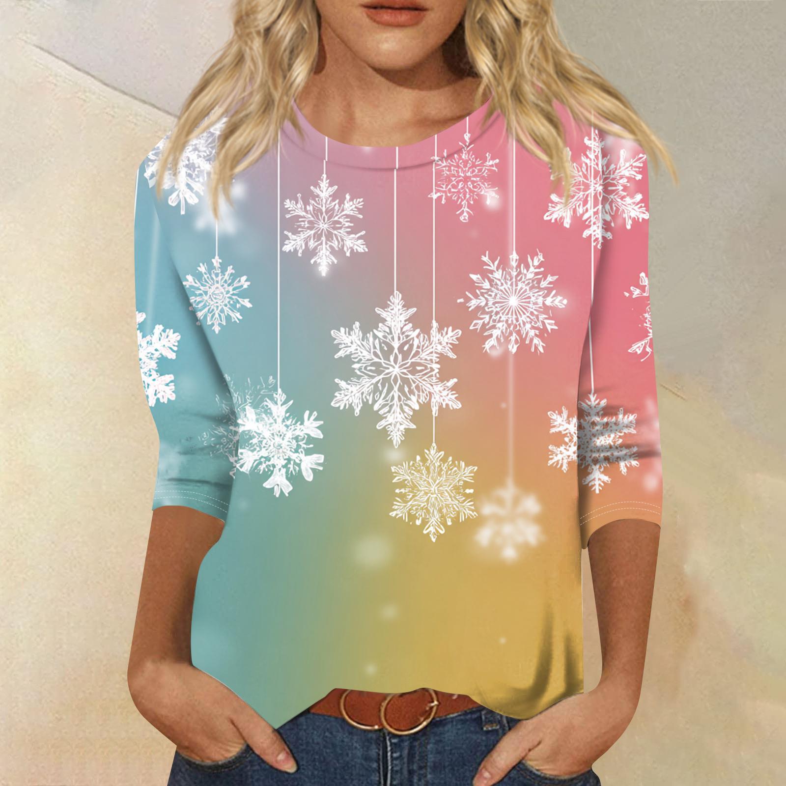 

Women s Fashion Casual Round Neck Three-quarter Sleeve Christmas Print T-shirt Top M