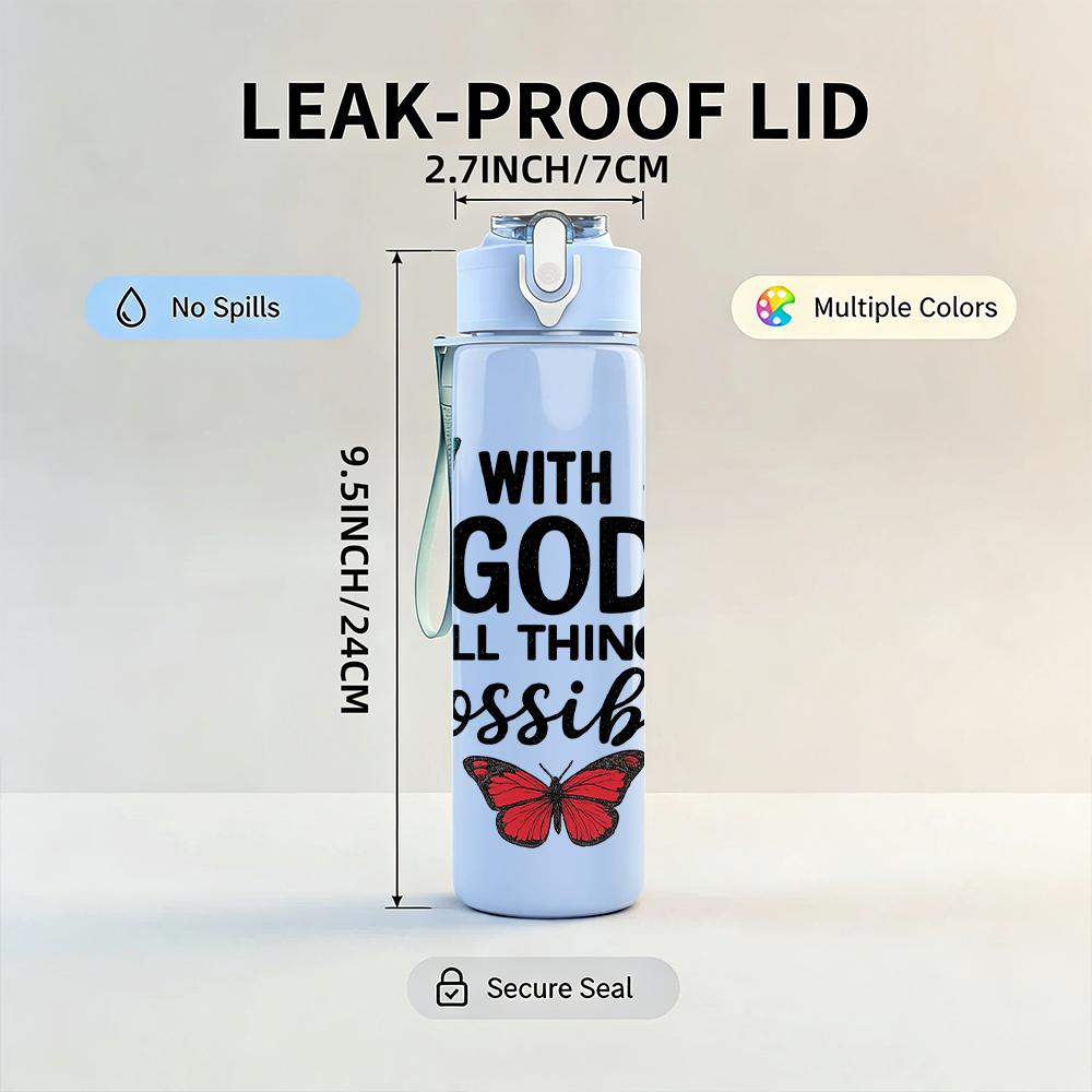 1PC With God All Things Quote Text 750ml Color Plastic Sports Water Bottle Leakproof Flip Straw Lid For Sports Office Home Use