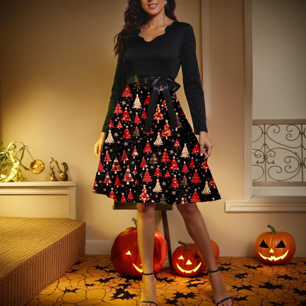 Dámské ležérní módní šaty s výstřihem do V, dlouhým rukávem a retro vánočním potiskem