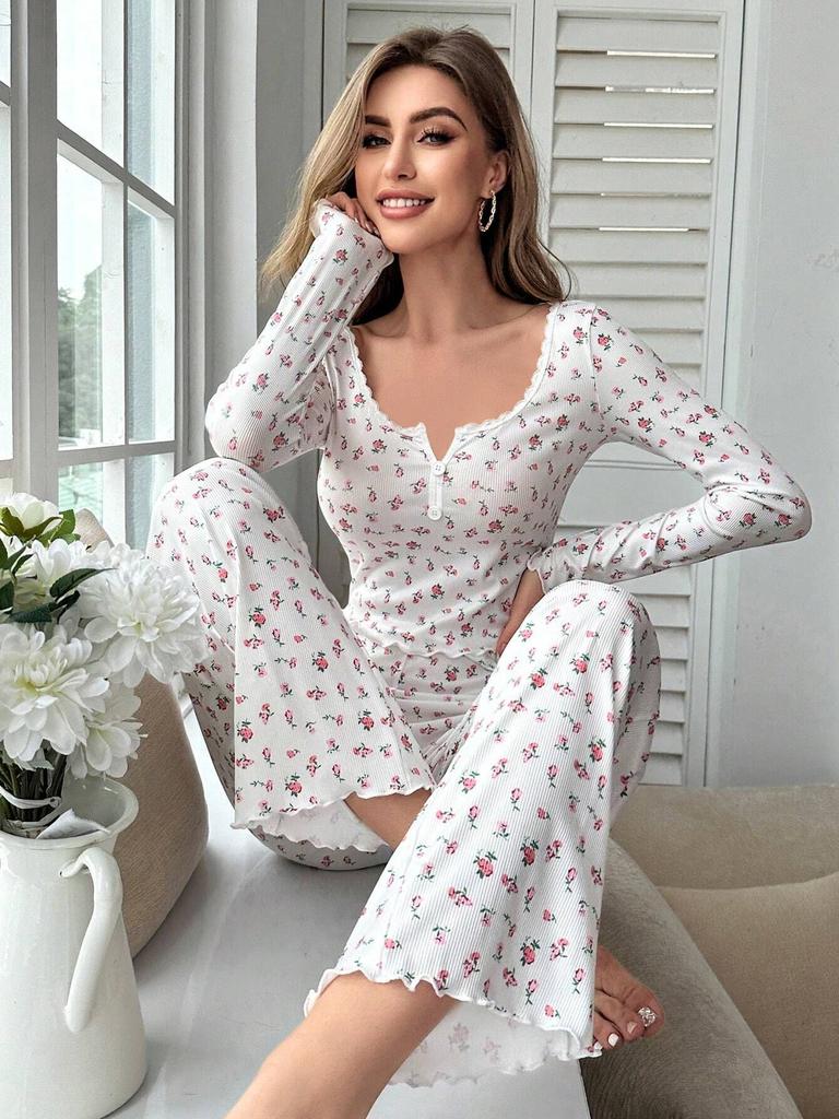 Europäischer und Amerikanischer Stil Damen Herbst- und Winter-Pyjama-Set Blumenmuster Langarm-Oberteil und Lange Hose Mode Lässige Loungewear