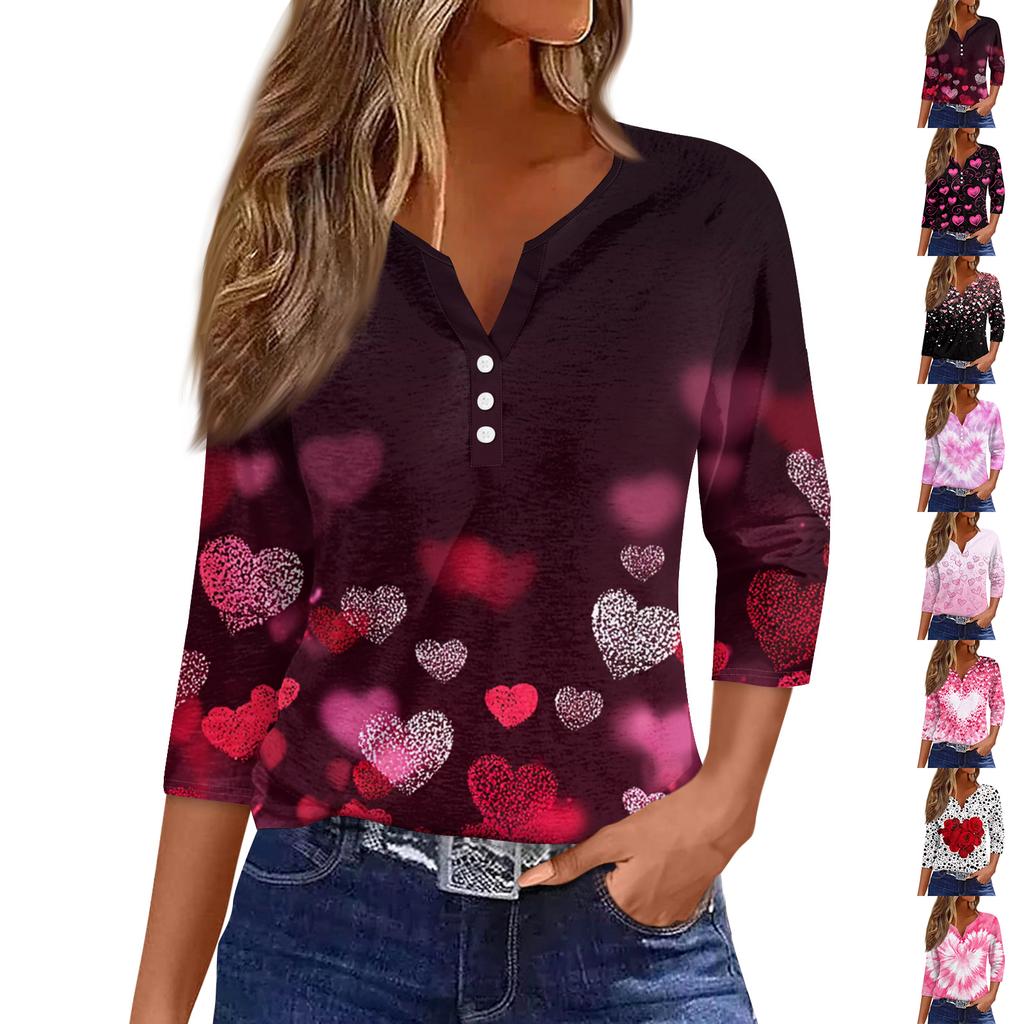 Camiseta feminina com estampa de botão, manga 3/4, moda diária de fim de semana, básica, decote em V, top regular