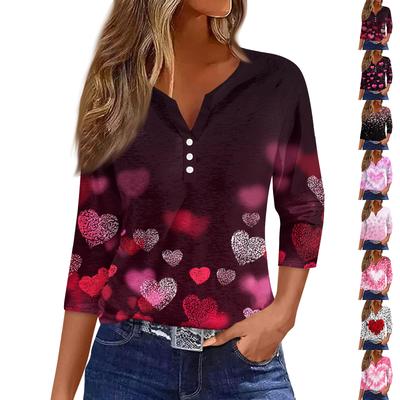 Damen T-Shirt mit Aufdruck, Knopfleiste, 3/4-Ärmel, modisch für den Alltag und das Wochenende, Basic, V-Ausschnitt, normales Oberteil