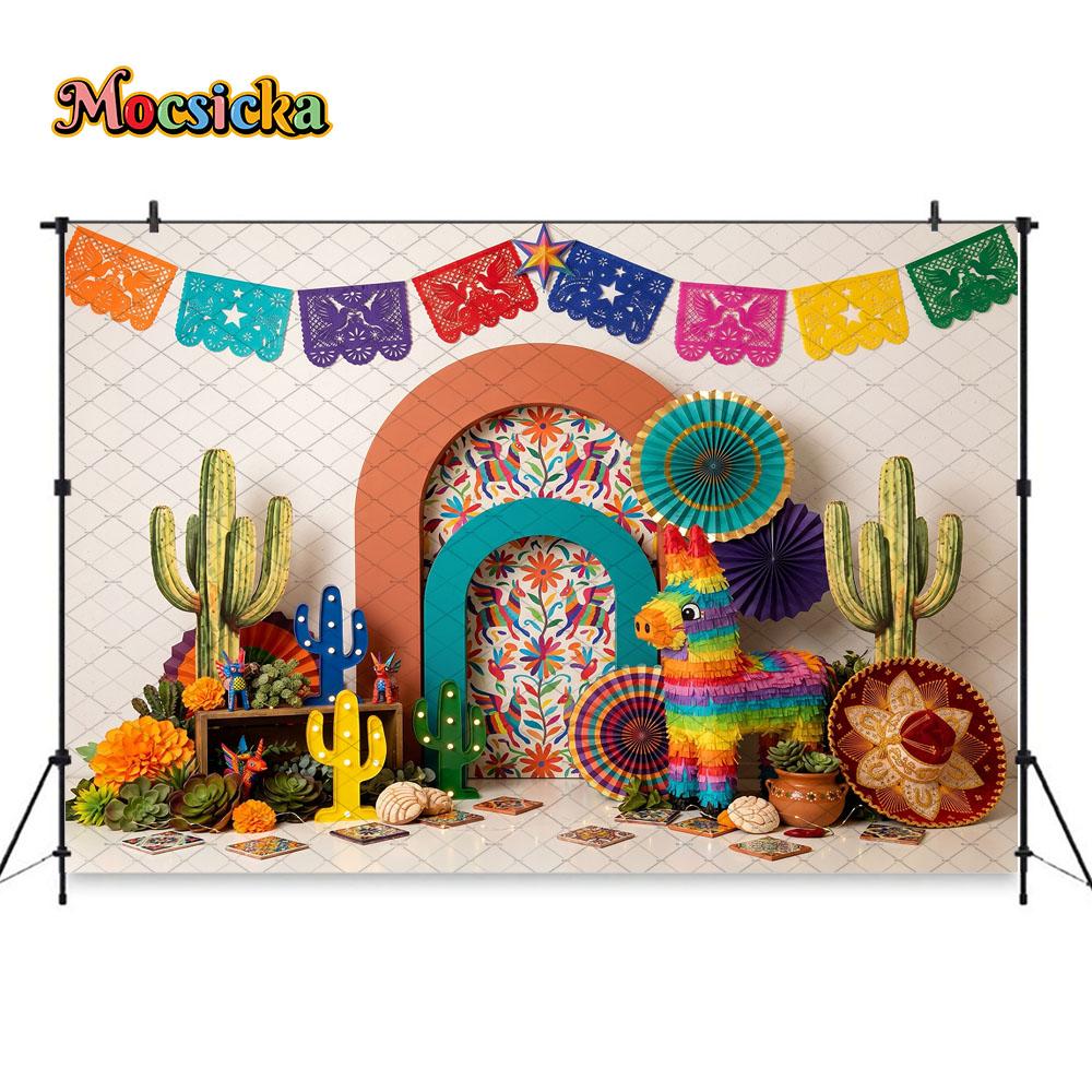 Mocsicka Sfondo Fiesta Messicana Fotografia Cactus Pignatta Papel Picado Sfondo Festa Taco Shooting Compleanno Bambini Studio