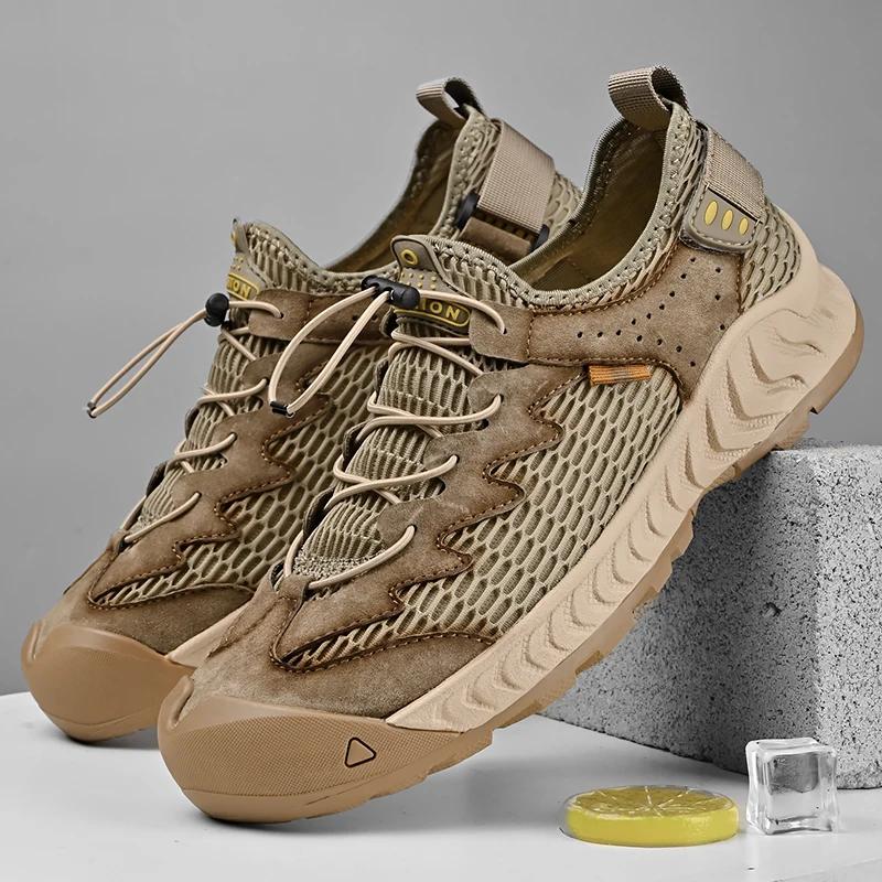 Men s Hiking Shoes, Outdoor Breathable Mesh Casual Sports Shoes 2026 Summer New Wear Resistant Slip in Barefoot Shoes Handmade 38 хаки
