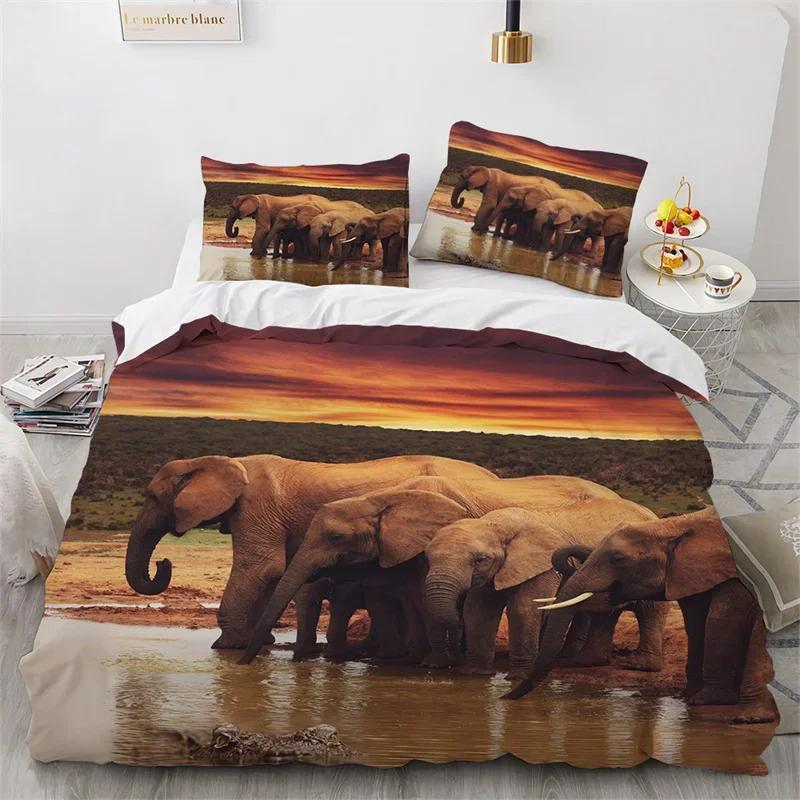 Elephant Duvet Cover King Queen Size Wild Animal Comforter Cover Polyester Bohemian Mandala African Safari Animals Bedding Set