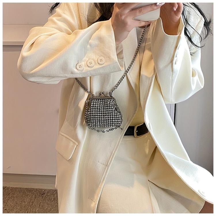 Trendy Mini Rhinestone Kiss Lock Crossbody Bag For Girls Cute Punk Evening Shoulder Purse With Detachable Metal Chain Strap Ideal For Parties Outings