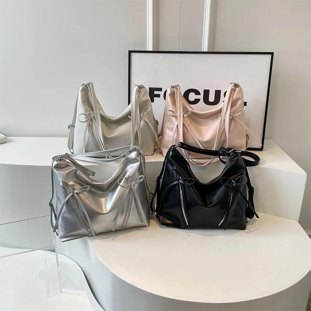 Cute Bow Underarm Bag PU Leather Designer Tote Bag Solid Color Casual Daypack with Zipper Satchel Purse for Women