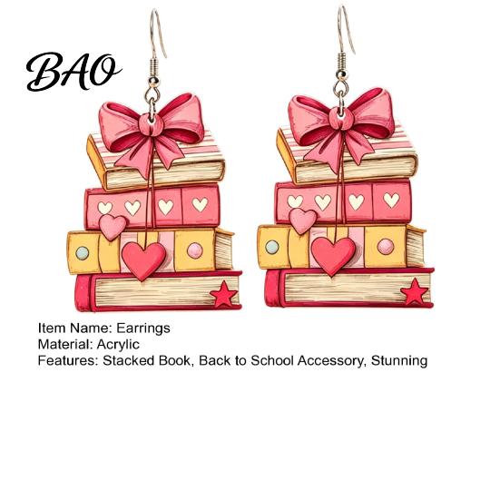 Chic School Season Accessories 1 Pair Acrylic Book Earrings for Women, Vintage Stacking with Pink Retro Theme Bow And Heart, Funny Dangle Jewelry,