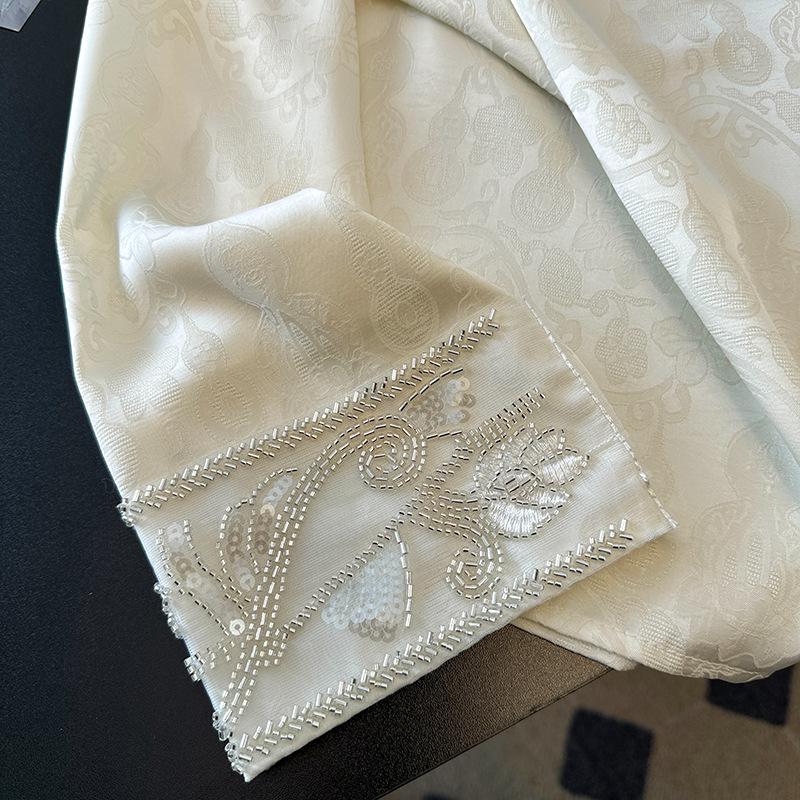 Women's Chinese Style Jacquard Embroidery Satin Shirt - Loose Fit, Round Neck