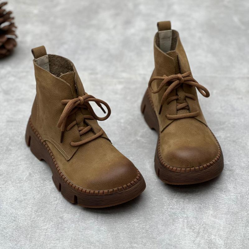 Johnature Vintage Handmade Genuine Leather Thick Sole Short Boots Round Toe Lace Up Cowhide Women's Shoes