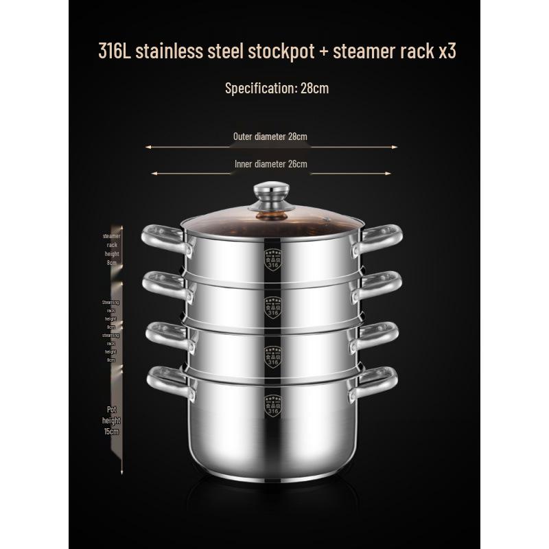 2025 Three-Layer 316 Stainless Steel Steamer & Soup Pot for Induction & Gas Stoves