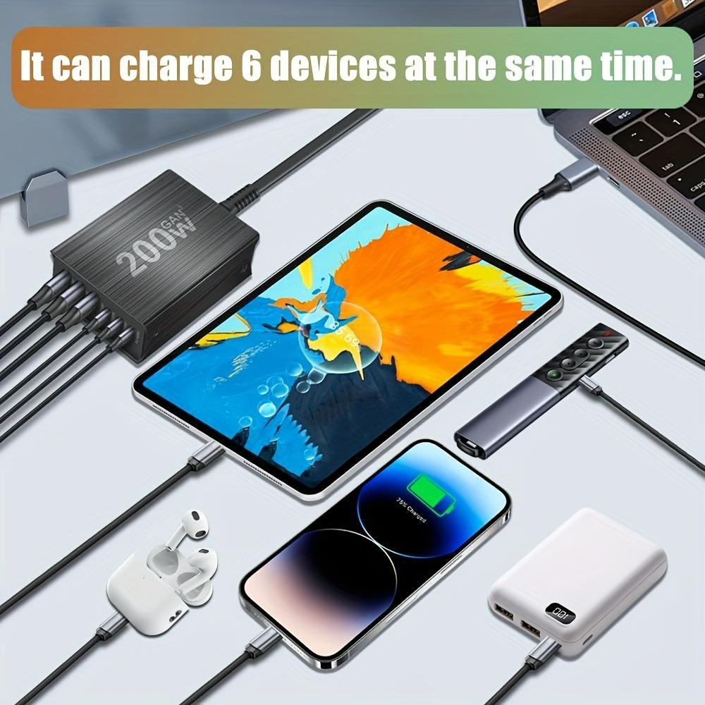 Stație de încărcare rapidă GaN 200W cu 6 porturi, încărcător USB C, încărcare rapidă QC PD 3.0, încărcător rapid Type C pentru IPhone 16/15/14/13 Pro MacBook