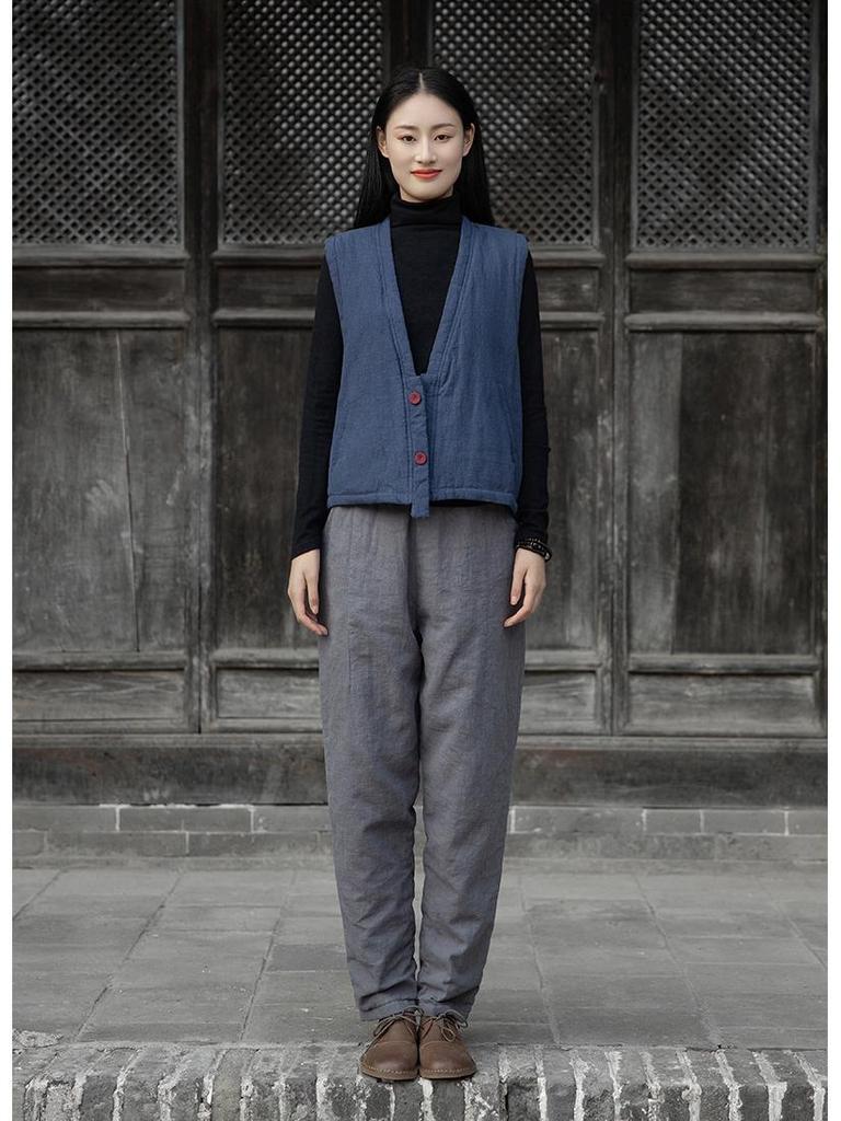 Women's Winter Cotton Linen Patchwork Trousers - Thick, Quilted, & Slimming Ramie Casual Pants
