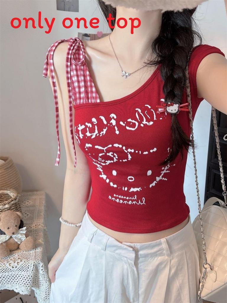 Hello Kitty T Shirt With Cartoon Print And Tie Detail For Summer Casual Wear