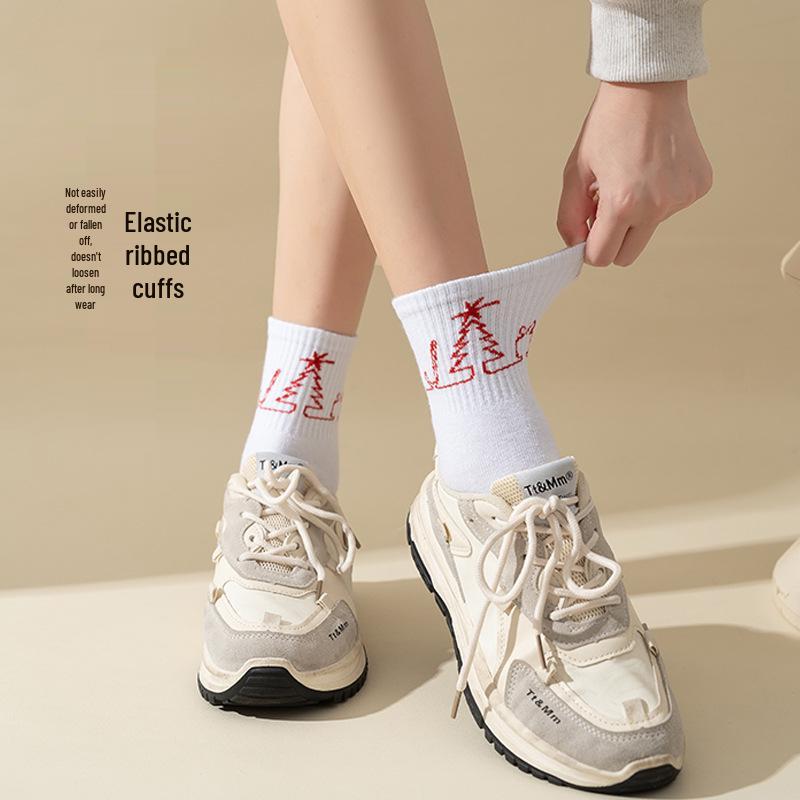 Women's Trendy Christmas Mid-Calf Cotton Socks: Sweat-Absorbing, Odor-Resistant, Non-Slip Cartoon Design, Perfect for Autumn/Winter.