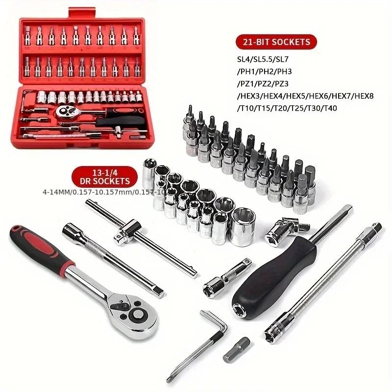 46Pcs Wrench Set Tool Kit For Car Tool Screwdriver And Bit Ratchet Torque Quick Wrench Spanner Wrench Socket Key Hand Tools