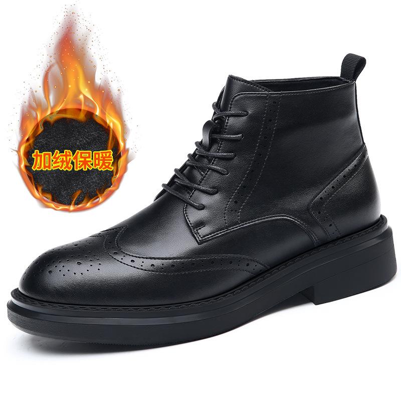 FashionCow Leather High-soled Brock High-top Boots for Men Autumn Winter Fleece Warm Ankle Boots Male Fashion Casual Platform Shoes Man
