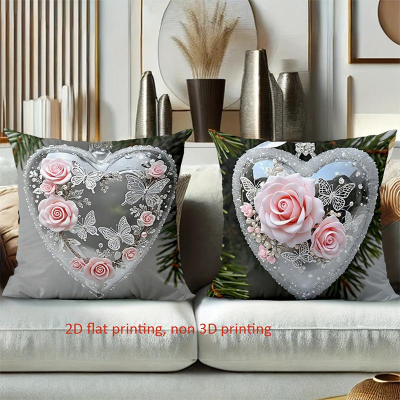 Heart-Shaped Rose Decorative Cushions 2D Flat Printed Polyester pillowcase, sofa decorative cushion cov Headboard Pillow