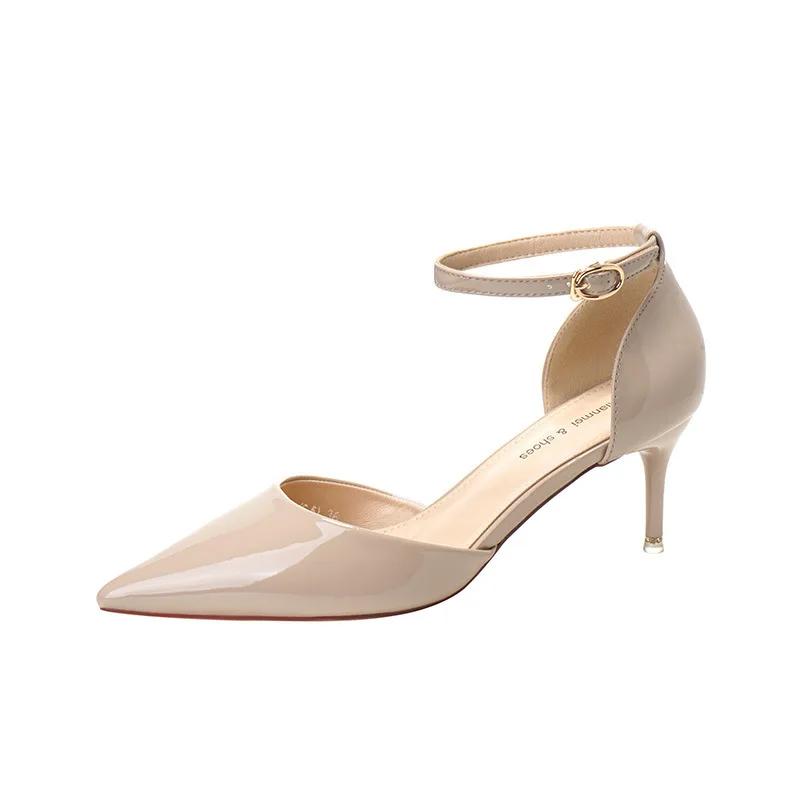 Summer Fashion Ladies Pumps Pointed Toe Patent Leather Buckle High Heeled Sandals Women Career Commuter Wedding Shoes