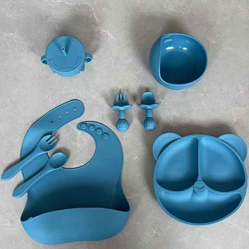 Silicone Baby Tableware: 8-Piece Set with Suction Cup Plate and Bowl