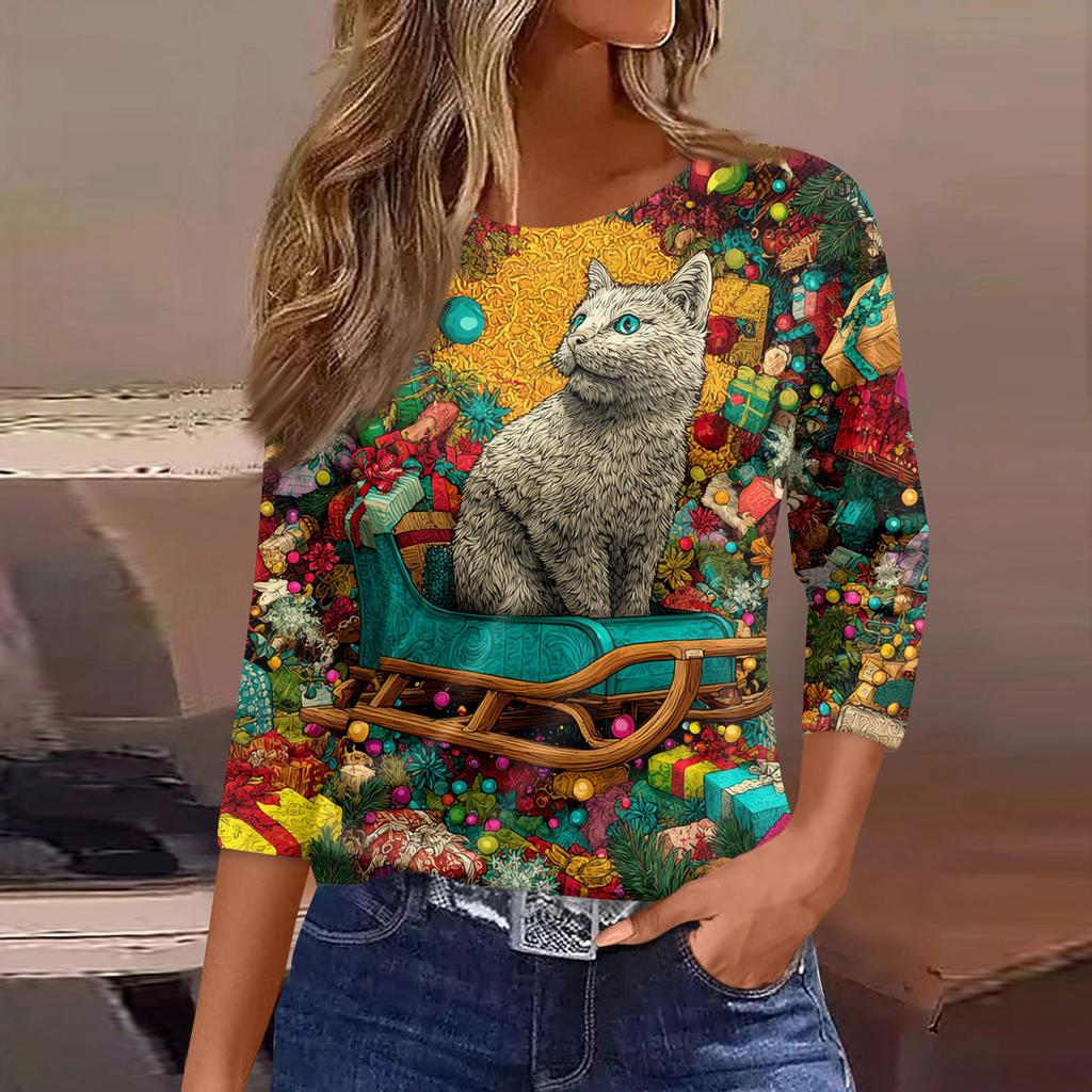 3/4 Sleeve Shirts For Women Print Graphic Tees Blouses Casual Plus Size Basic Tops Pullover