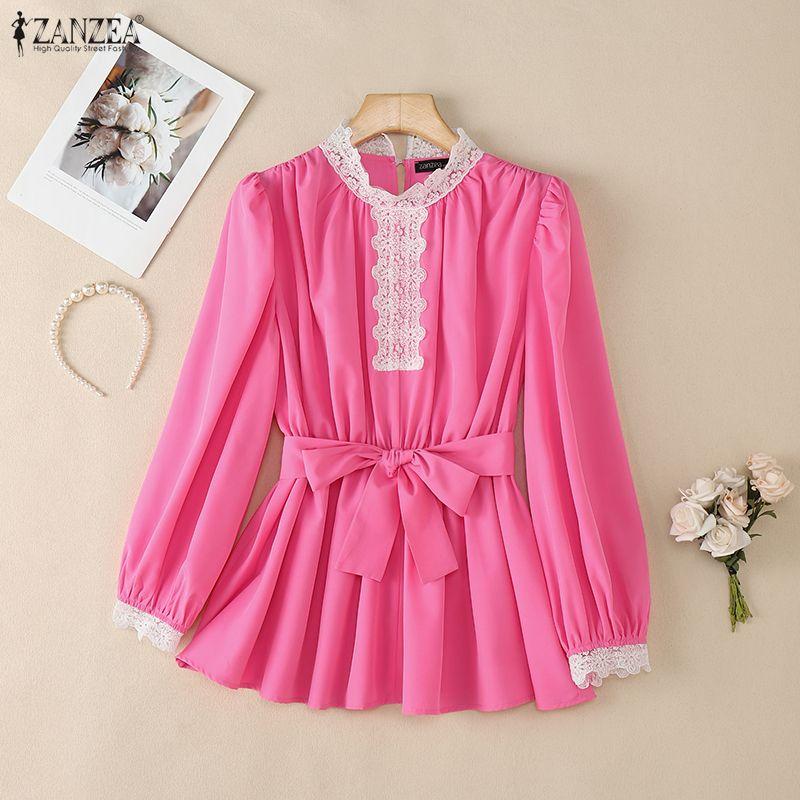 ZANZEA Women Lace Splice Stand Collar Casual Long Sleeve Blouse