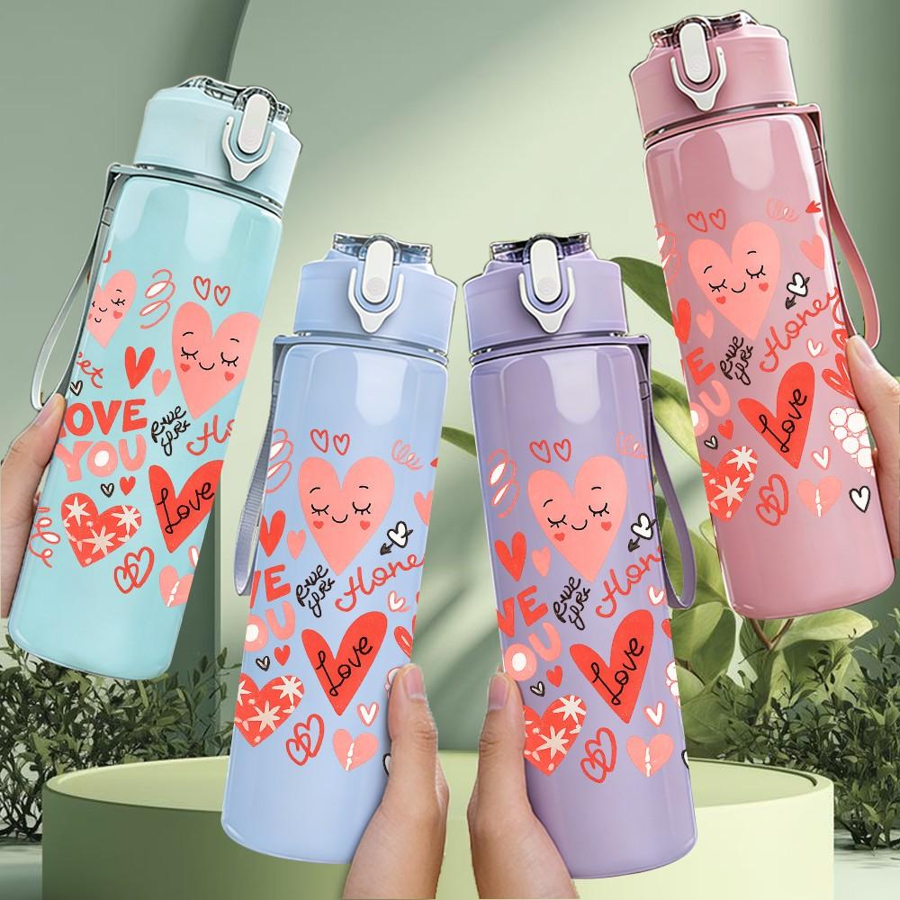 1PC Mixed Red Heart Love Pattern Print 750ml Color Plastic Sports Water Bottle Leakproof Flip Straw Lid Suitable for Sports Office Home Use