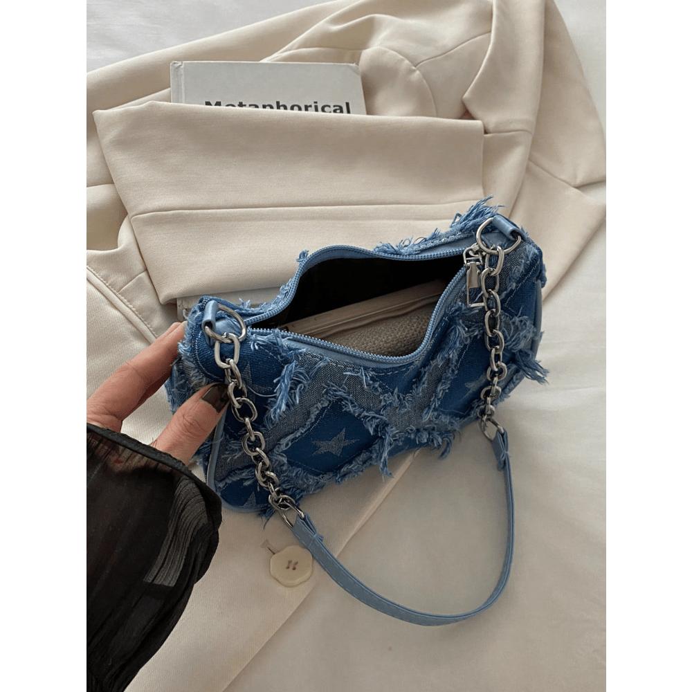 Decorative Buckle Detailing, Stitching, Chain Strap Shoulder Bag, Women's Decorative Buckle Shoulder Bag, Street Fashion Hobo Bag
