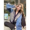 Contrasting Color Long-sleeved Sweater Cardigan Women's Autumn and Winter 2025 New Denim Splicing V-neck Short Casual Knitting