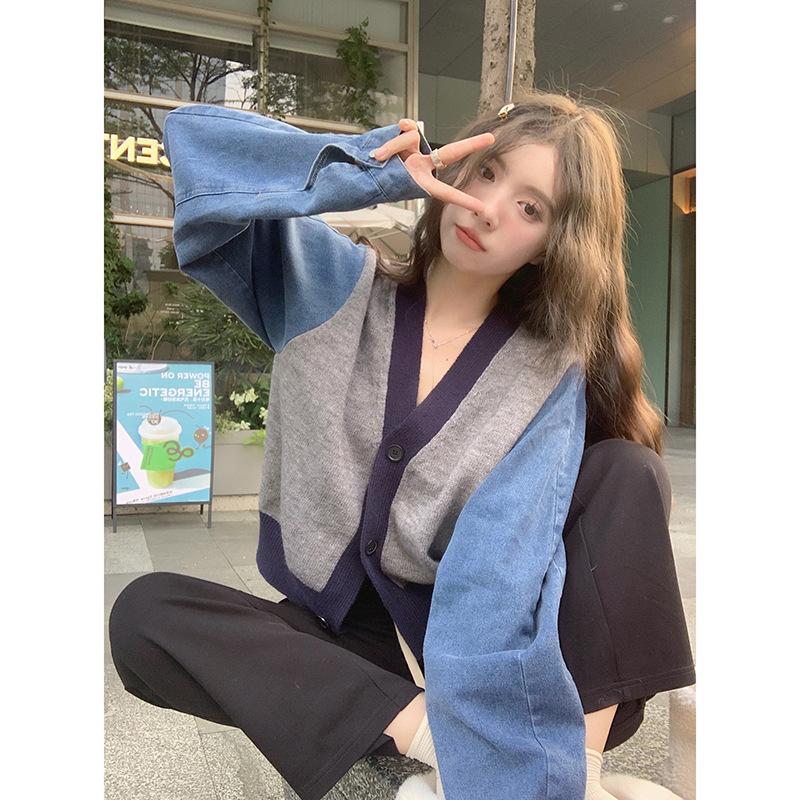 Contrasting Color Long-sleeved Sweater Cardigan Women's Autumn and Winter 2025 New Denim Splicing V-neck Short Casual Knitting