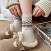 Fair Isle Vlněné ponožky s motivem sobů - Teplé ponožky střední délky v japonském stylu s mašlí na podzim a zimu
