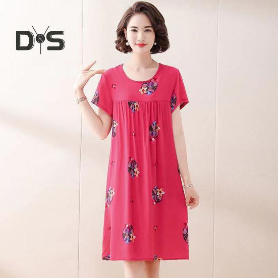 Women Nightdress Loose Floral Print Round Neck Pleated Short Sleeves Knee Length Homewear Casual Midi Dress Lady Nightgown Midi Dress