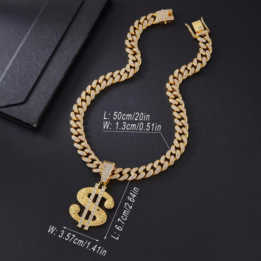 Men's Cuban Chain with Rhinestone Dollar Pendant - Trendy Punk Hip-Hop Necklace