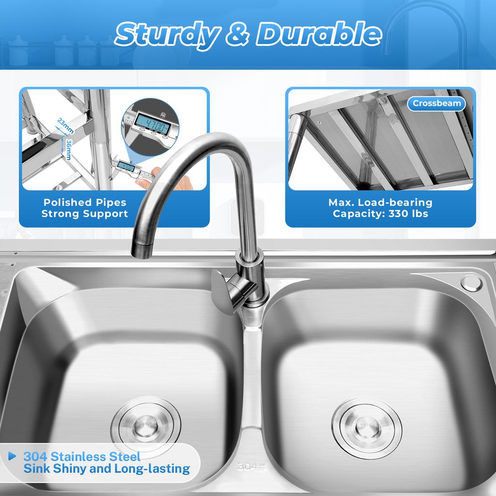 Bymaocar Commercial Stainless Steel Kitchen Prep & Work Table Sink W/ Faucet,3-Layer Double Bowls Sink for Garages,Laundry Rooms