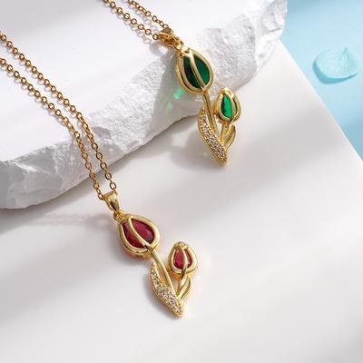Fashion Gold Color Zircon Tulip Flower Pendant Necklaces for Women Elegant Stainless Steel Chain Jewelry Collar Accessories Gift