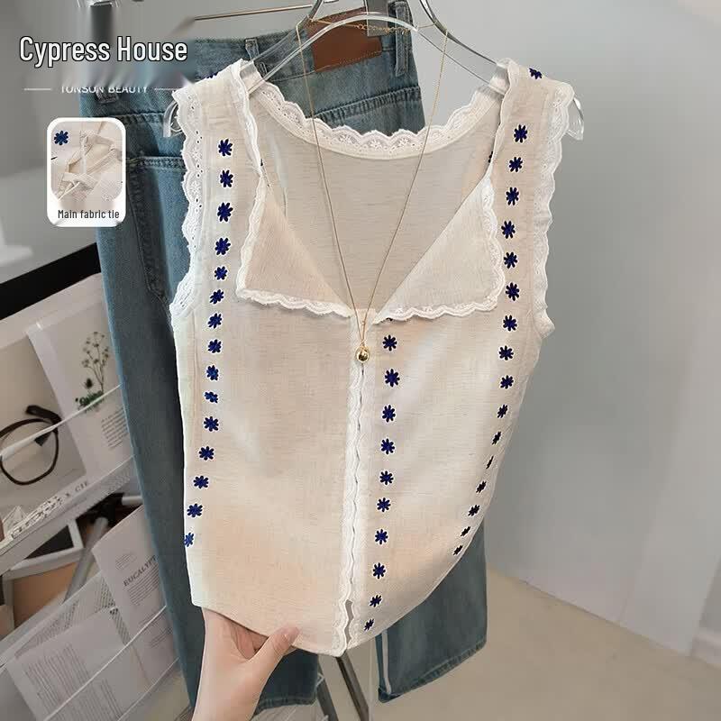 Women s Embroidered Linen Blend Sleeveless Short Blouse L