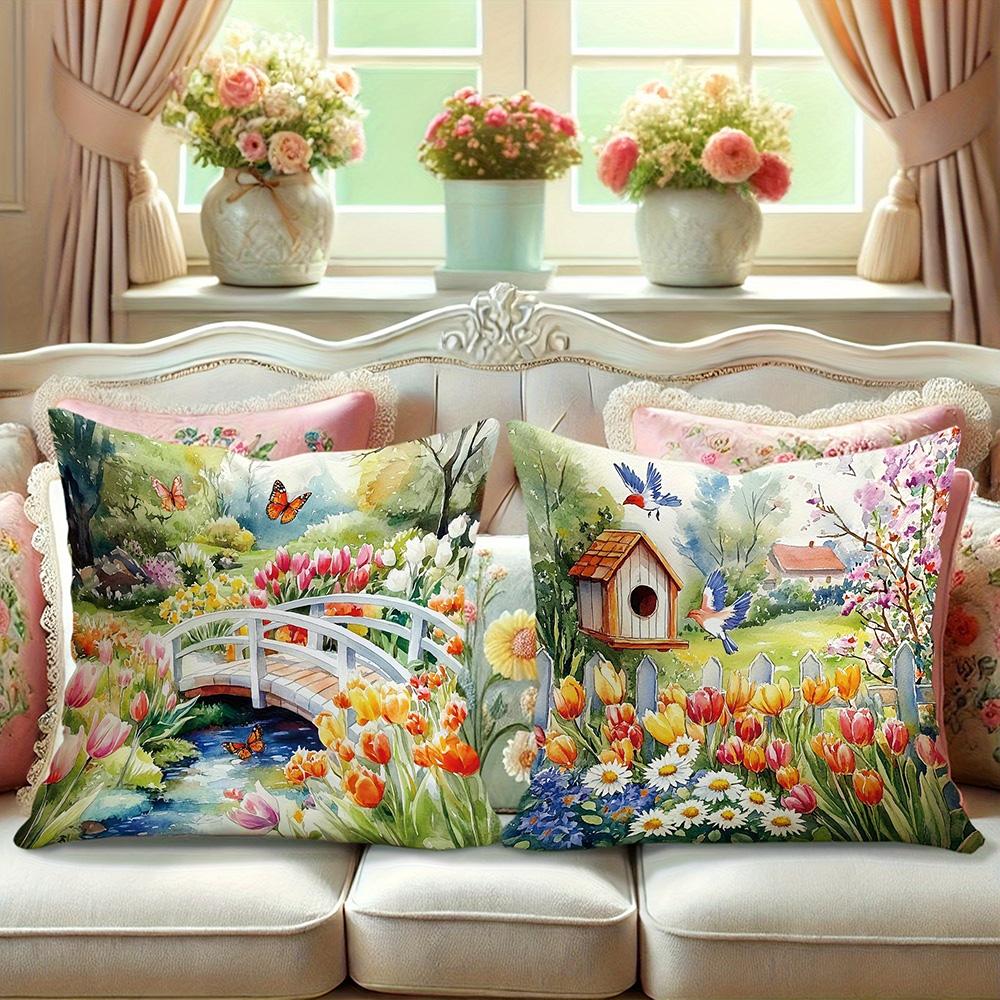 1/4pcs 2D Flat- Watercolor Spring Cottage Garden Throw Pillow Cover Home farmhouse outdoor decoration cushion cover