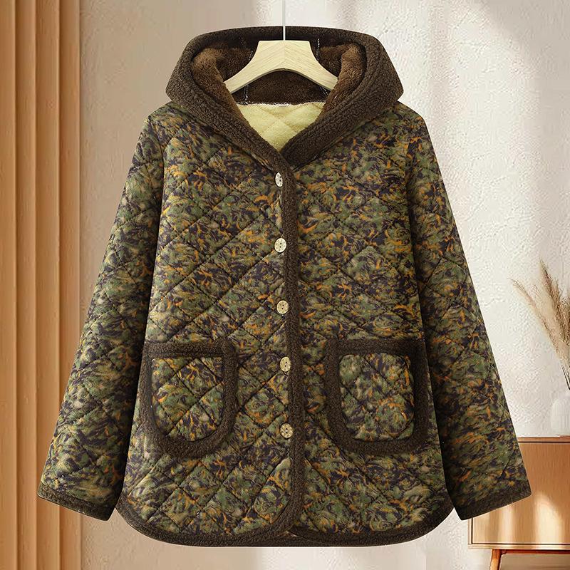 Mom's Winter Home Wear: Velvet & Thick Cotton Two-Piece Set for Middle-Aged & Elderly Women - Warm Jacket & Pants