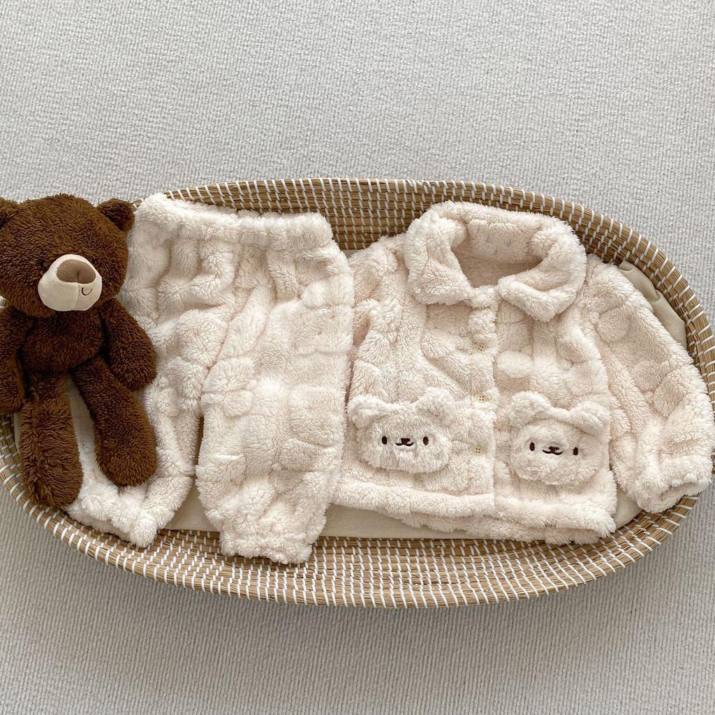 Cute Bear Plush Baby Pajama Set Winter Fleece Kids Homewear Two Piece Suit Soft Warm Children Sleepwear
