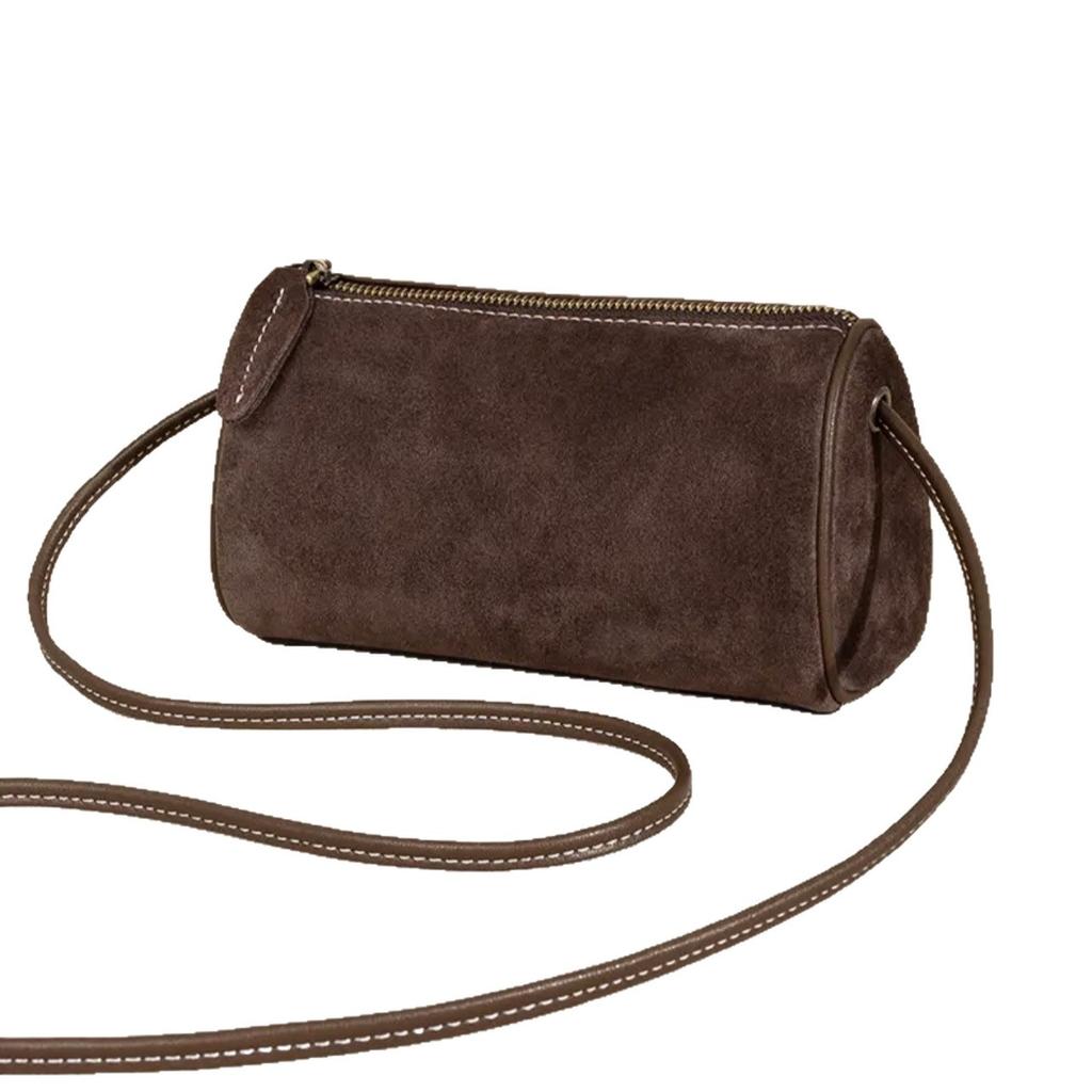 2025 Autumn and Winter New Retro Suede Cylinder Bag Matte Bag Single Shoulder Oblique Span Women's Bag Small Round Bag Mobile Phone Bag