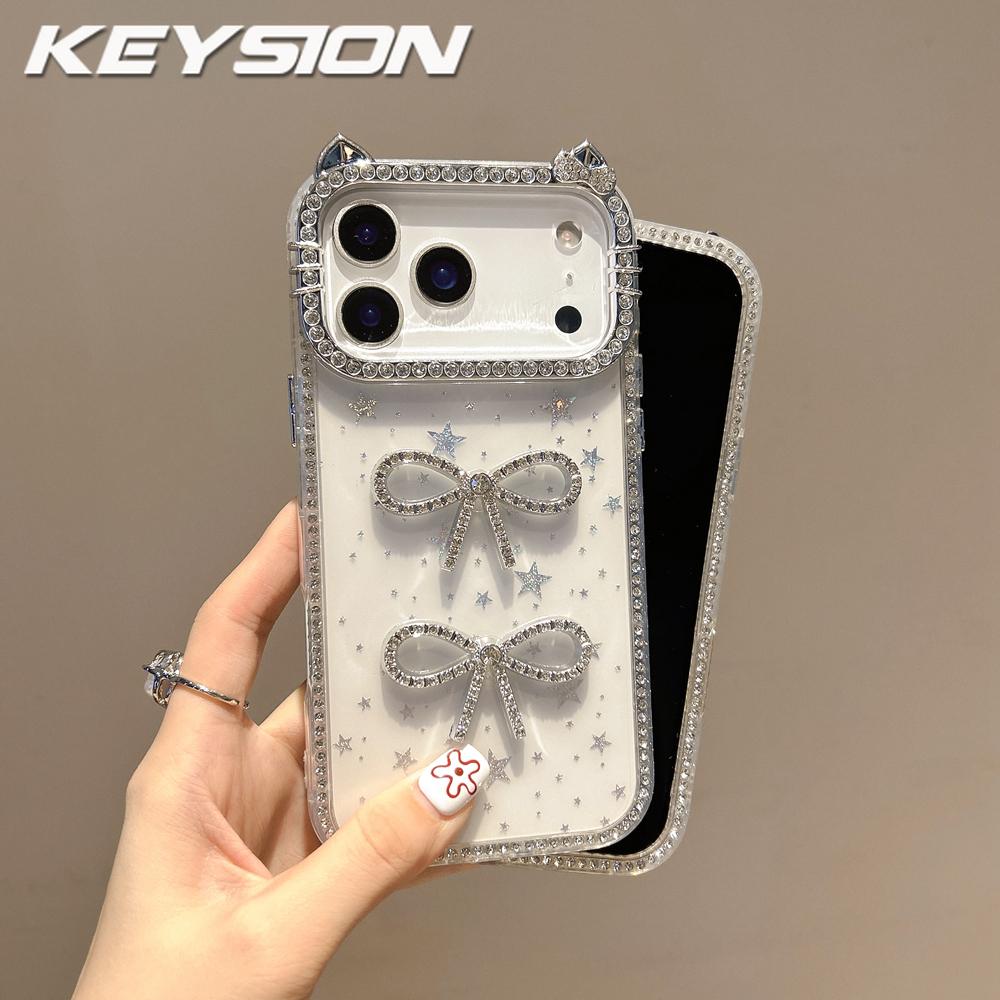 KEYSION Cute 3D Cat Ear Transparent Phone Case for iPhone 14 15 Pro Max 14 15 Plus Glitter Jewelled Bowknot Shockproof Back Cover