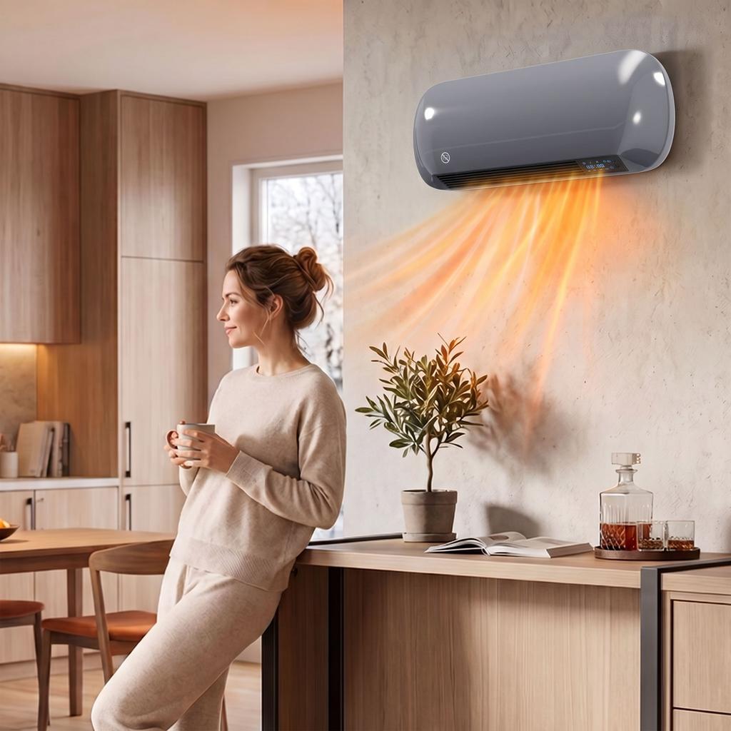 2000W Ceramic Space Heater, Electric Heater, Wall Mounted, with Fan, Adjustable Thermostat, Weekly Timer, Grey