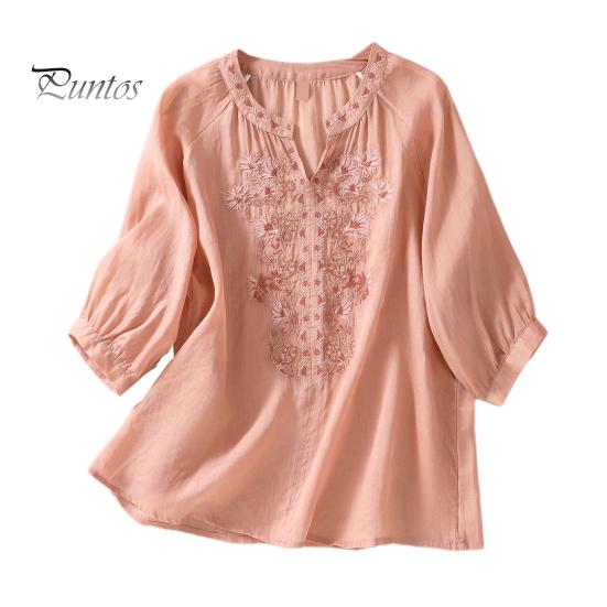 

Летняя женская рубашка с V-образным вырезом и цветочной вышивкой, рукава три четверти, свободная однотонная ретро-мама, женская повседневная блузка среднего возраста 2XL