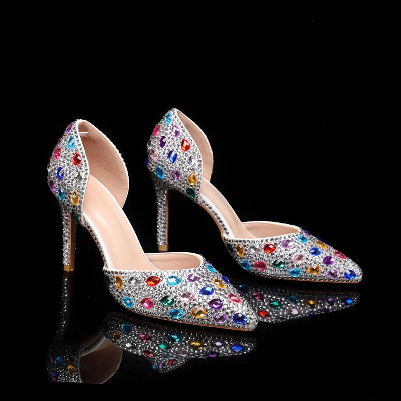 Fashion Bling Luxury Handmade Full Rhinestones Women Pumps Elegant Pointed Toe Colorful Crystal High Heels Fashion Party Bridal Shoes