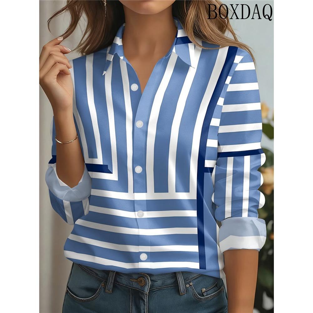 Casual Fashion Stripe Pattern Printed Women's Shirts 2026 Long Sleeve Lapel Button Loose Daily Blouse