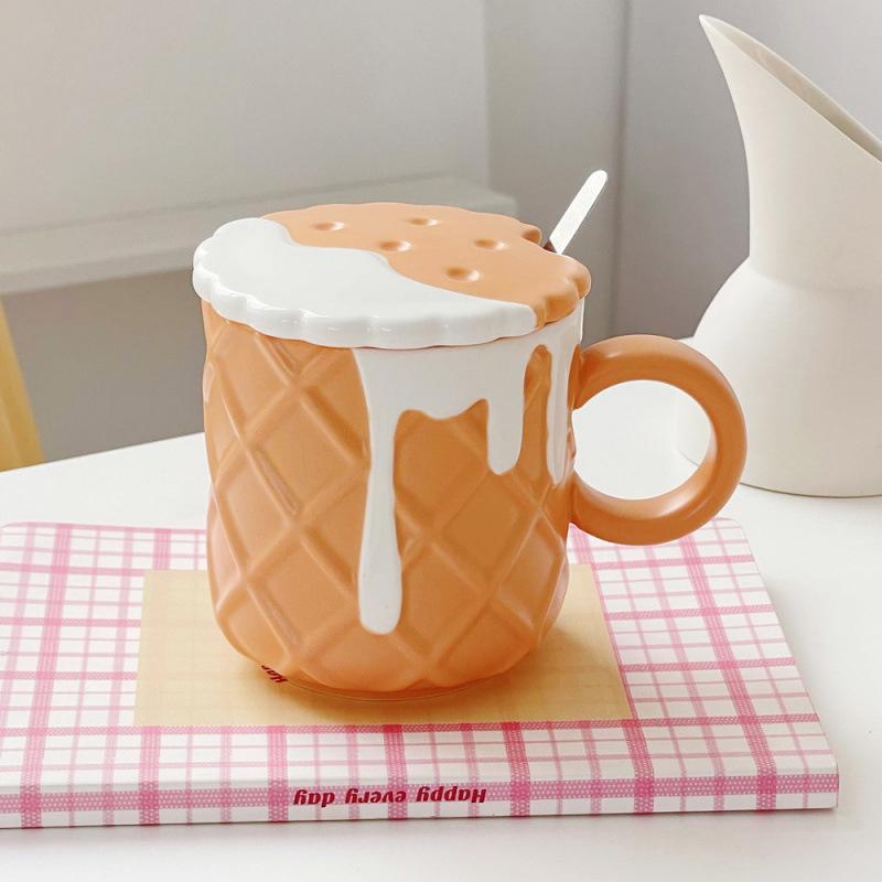 Ceramic Water Cup Cute Mug Couple Cup Girl Creative Breakfast Milk Cups With Lid With Spoon Home Drinking 301-400ml